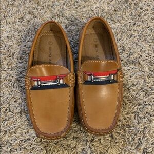 Little Kid Tan Loafers with buckle & striped fabric accents